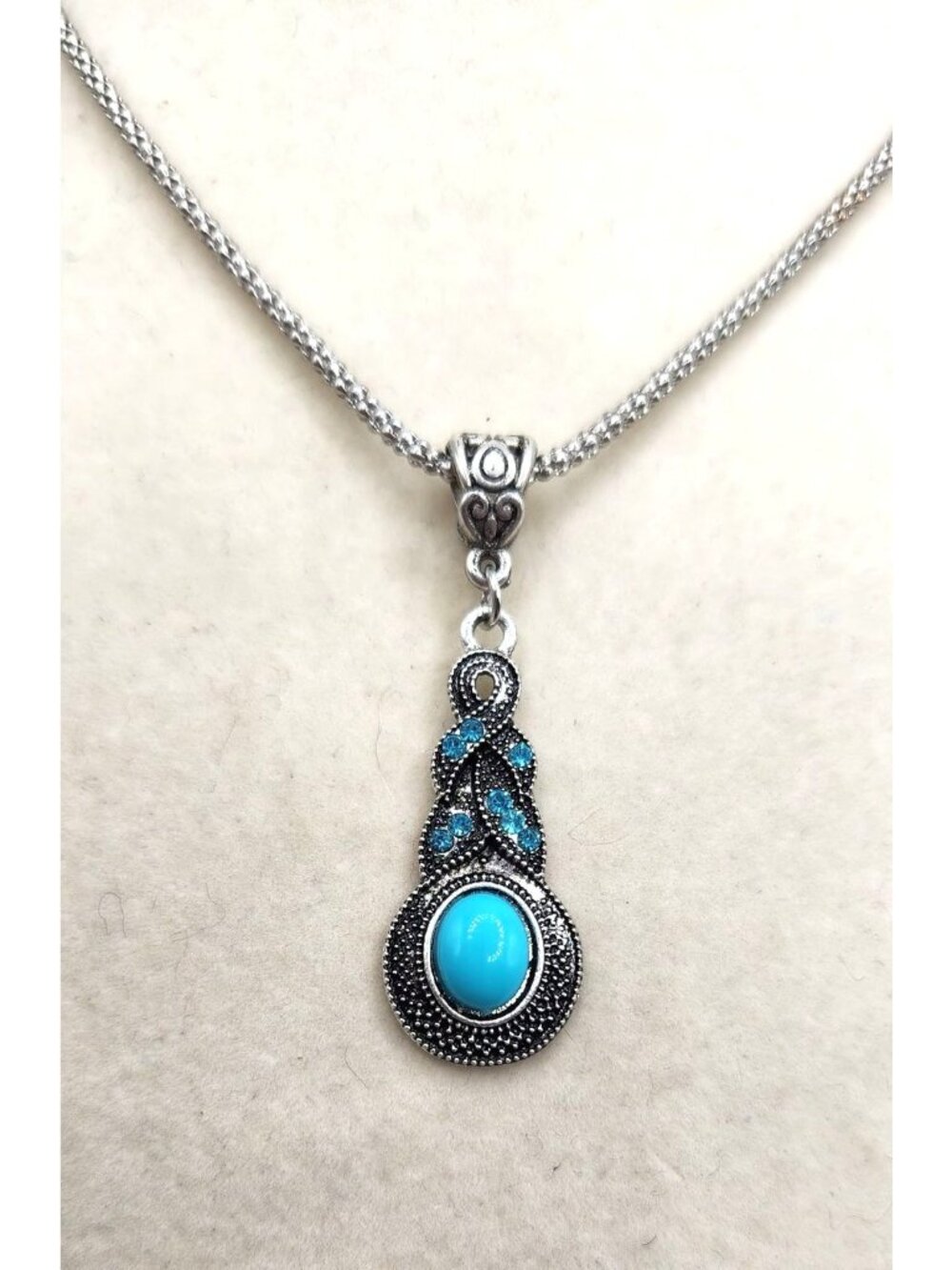 Art Deco Faux Turquoise Pendant With Blue Crystal Accent